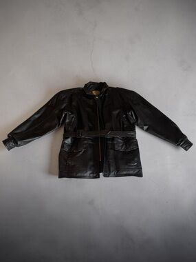 Vintage Black Content Leather Field Coat Belted Heavyweight Long Jacket Quilted